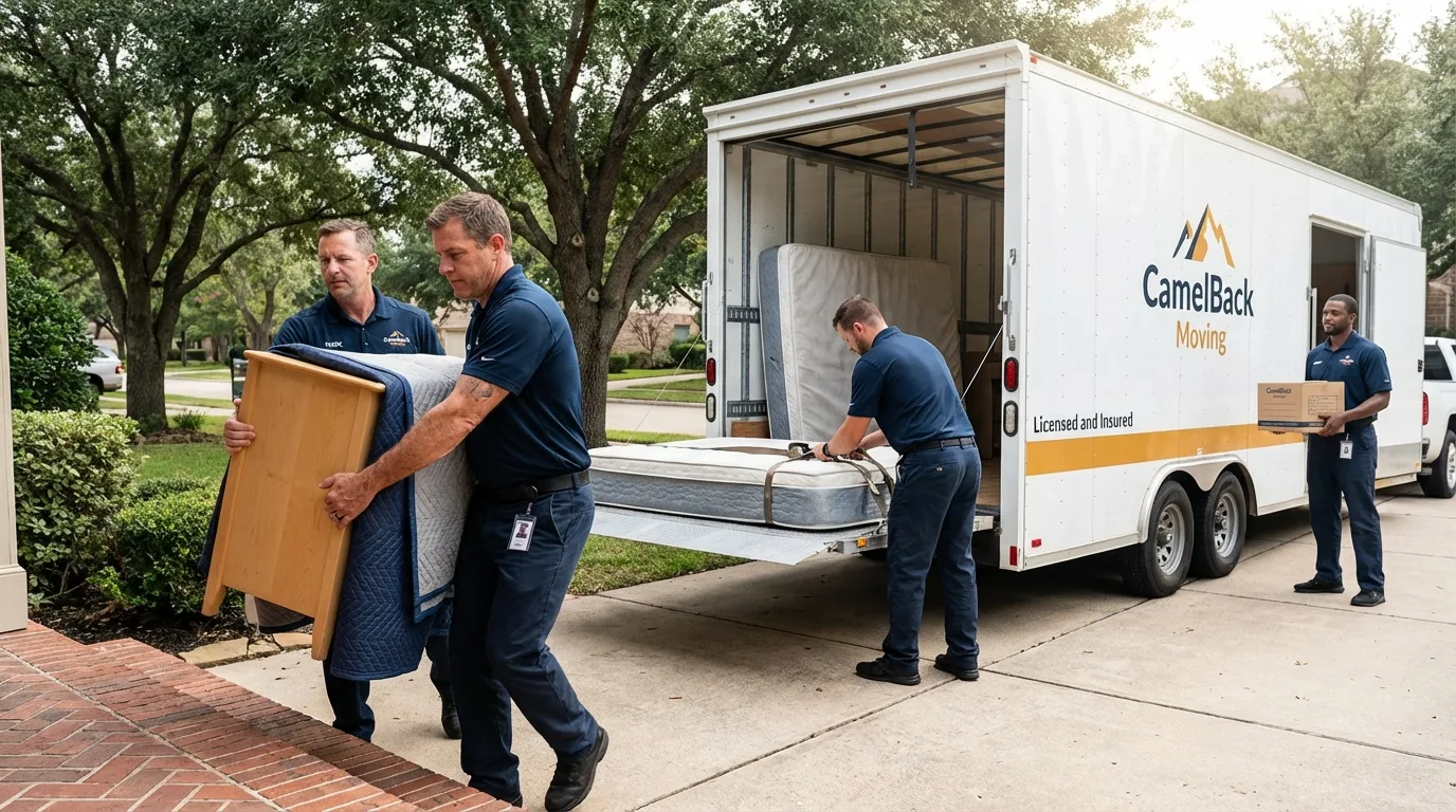 Crew loading residential truck for cross-state move from Alma, WI