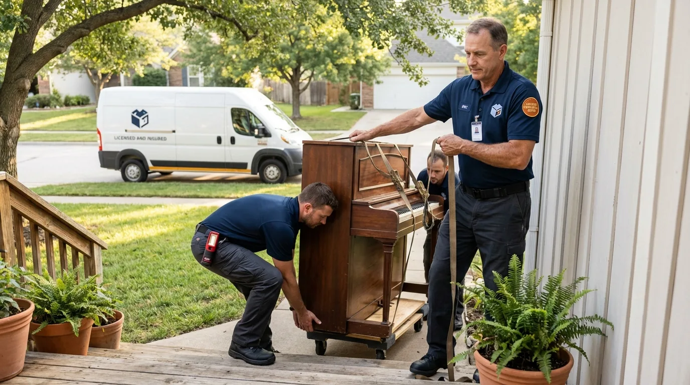 Licensed piano movers securing grand piano in Alma, WI