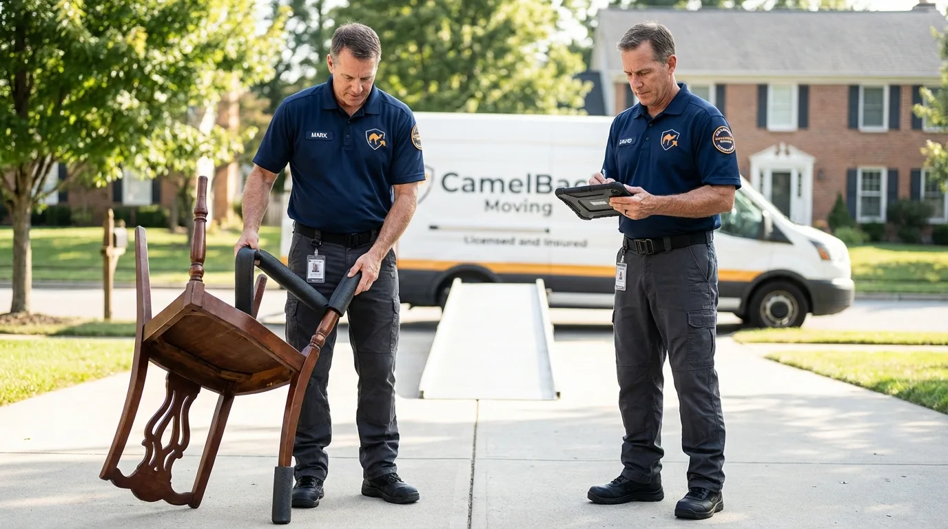 Movers inspecting furniture for damage prevention before loading in Alma, WI