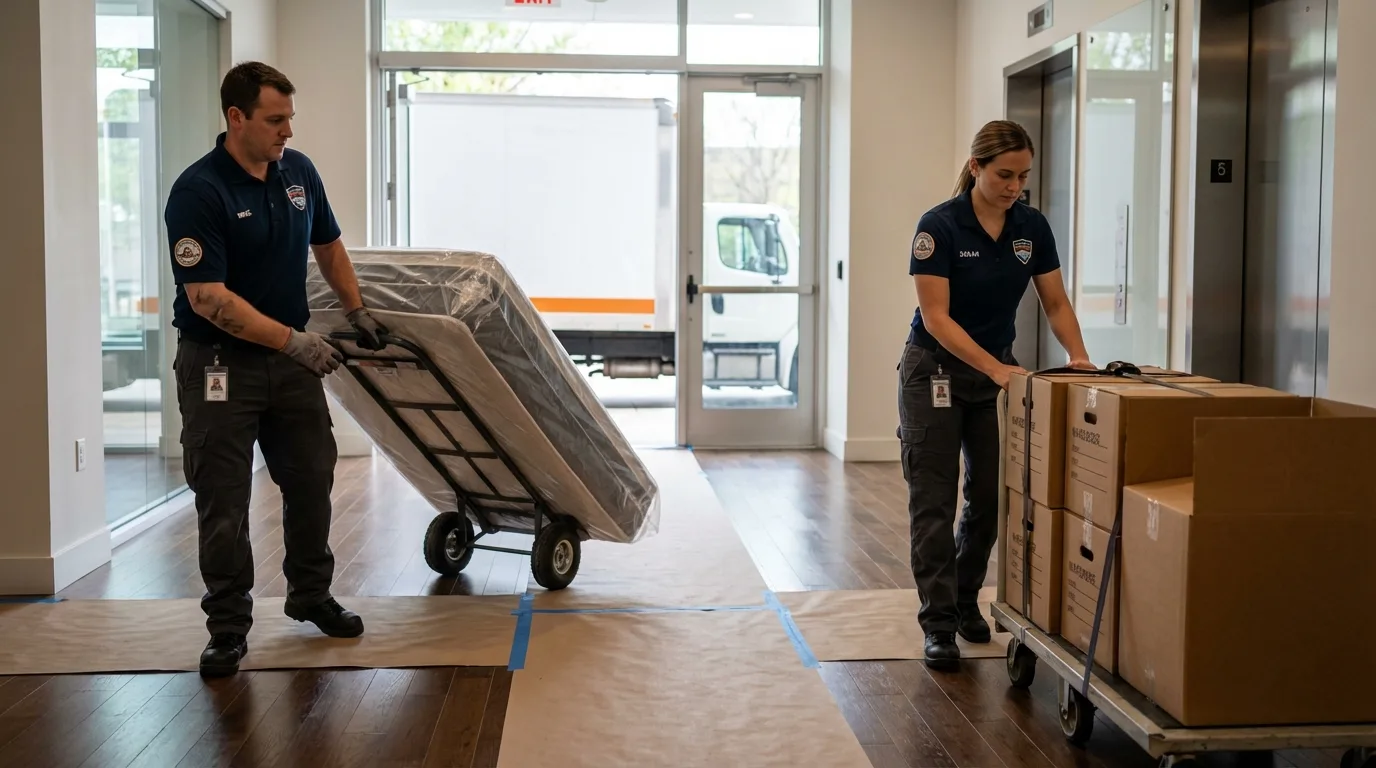 Professional apartment movers loading elevator in Alma, WI