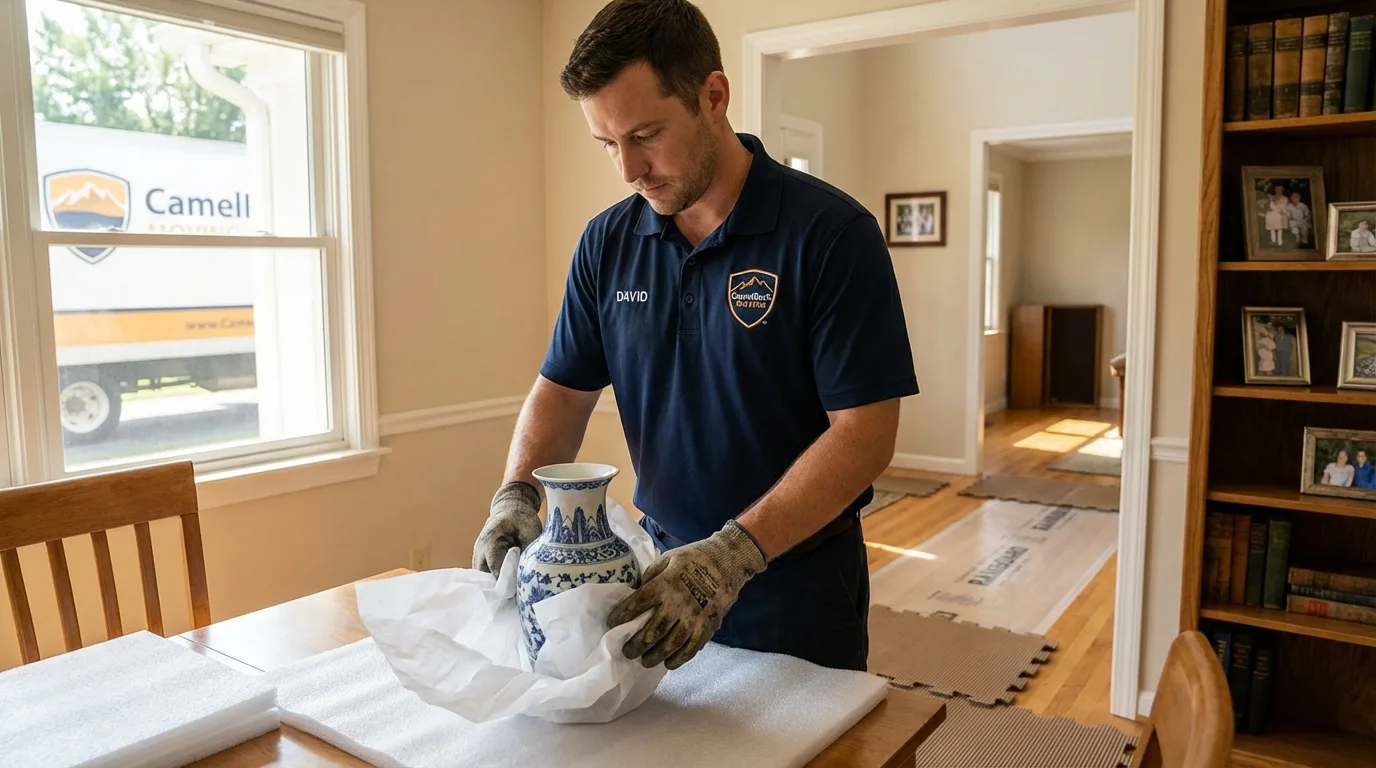 Professional crew carefully wrapping antique vase for senior downsizing move in Alma, WI